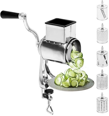 Grattugia, Grattugia per formaggio con tagliaverdure a manovella con 5 lame intercambiabili in acciaio inox, trituratore manuale per formaggio, verdure, frutta