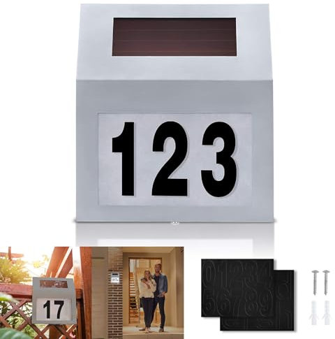 LZQ Numero civico a LED in acciaio inox, 2 LED con interruttore crepuscolare e pannello solare in silicio amorfo, lampada solare, numero civico esterno, lampada da parete con numero civico