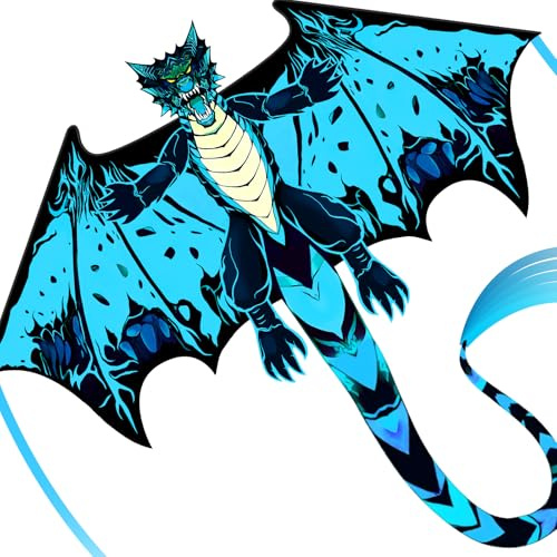SGftre Red Evil Dragon Kite for Kids & Adults Easy to Fly,Single Line String with Tail for Beach Flying Kites,Kite for Outdoor Activities Family Parties and Beach Games (Blue)