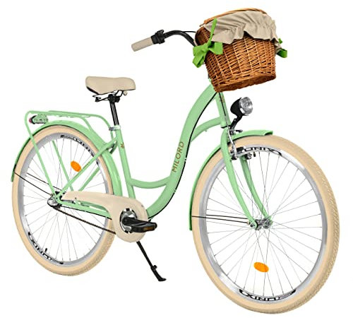 MILORD Damenfahrrad Citybike Komfort Mit Weidenkorb Hollandrad Vintage Fahrrad, 26, 28 Zoll, 3-Gang (Mintze, 28 Zoll)