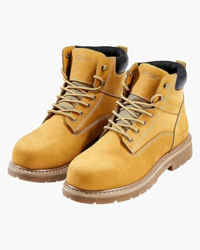 VEVOR Stivali da Lavoro con Punta in Acciaio, Taglia US 11, Stivali Lavoro Impermeabili, Scarpe da Lavoro Antiscivolo con Suola in Gomma Leggeri e Traspiranti per l'Industria Edile, Marrone Giallo