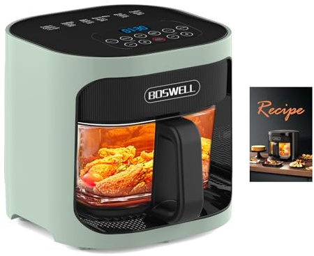 BOSWELL 6 in 1 Glass Air Fryer, 4.5QT Air Fryer with Transparent Glass Pot,Circulating Air Heating, Bake, Broil, Air Fry, Temperature Control, Dishwasher Safe (Green)