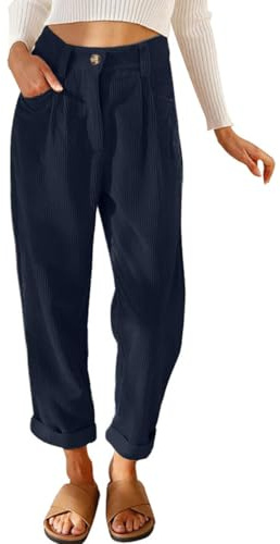 CheChury Femme Pantalon Velours Côtelé Élastique Taille Pantalon Décontracté Chic Pantalons avec Poche Bouton Zippé Jambe Droit Pants Automne Hiver