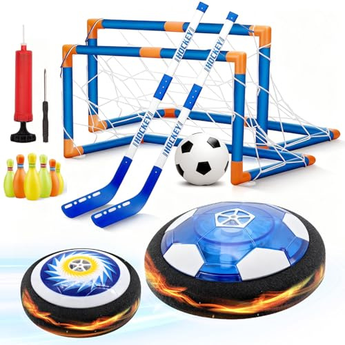 3 in 1 Hover Hockey Football Set, USB Rechargeable LED Hover Football with 2 Goal Bumper, Hover Soccer Indoor & Outdoor Football Games, Air Hockey Floating Football Gift for Age 3 4 5 6-12, Dark Black