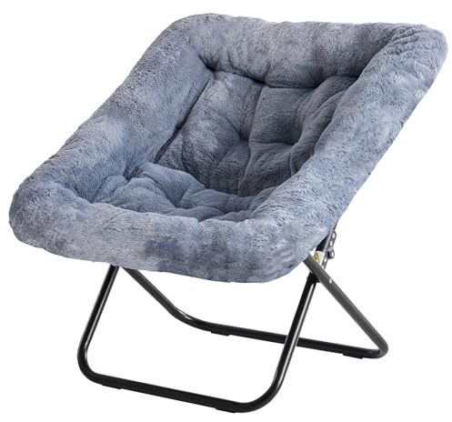 Simple Deluxe Oversized Square Moon Chair for Adults, Soft Faux Fur Folding Lounge Chair with Sturdy Steel Frame, Comfortable Reading Gaming Chair for Living Room, Bedroom, Grey
