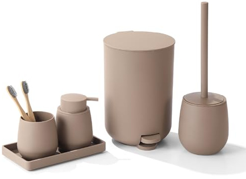 IlGruppone Set Accessori Bagno 6 Pezzi in ABS Completo – Pattumiera con Pedale, Scopino WC, Dispenser Sapone, Porta Spazzolini, Bicchiere e Vassoio Antiscivolo Design Moderno e Resistente - Caffe
