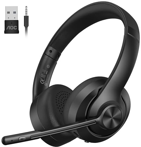 AOC Wireless Headset with Microphone, dongle-BT/Bluetooth/wired 3 modes connection, bluetooth Headset V5.3, PC Headphone Office Teams for Skype, Teaching, Call Center, Business Chat