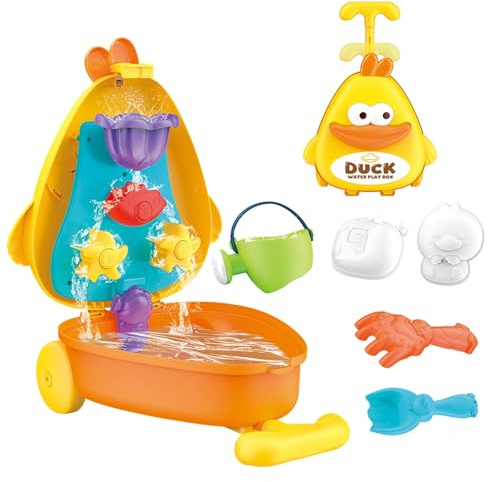 KUKUTrue® Valise Canard à Tirer Jouet Sable Eau pour 3 4 5 6 7 8, 6 Pièces avec Roue à Eau, Jeu d'eau Enfant, Jeux de Plage, Jeu d'eau Enfant Exterieur, Cadeau 3–8 Enfants Garçon Fille