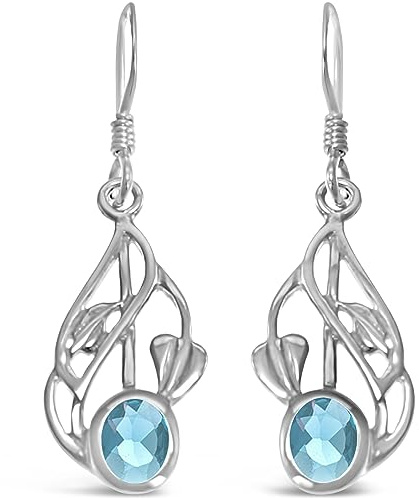 Alexander Castle Charles Rennie Mackintosh Blue Topaz 925 Sterling Silver Earrings for Women - Drop Earrings with Jewellery Gift Box - 20mm x 10mm