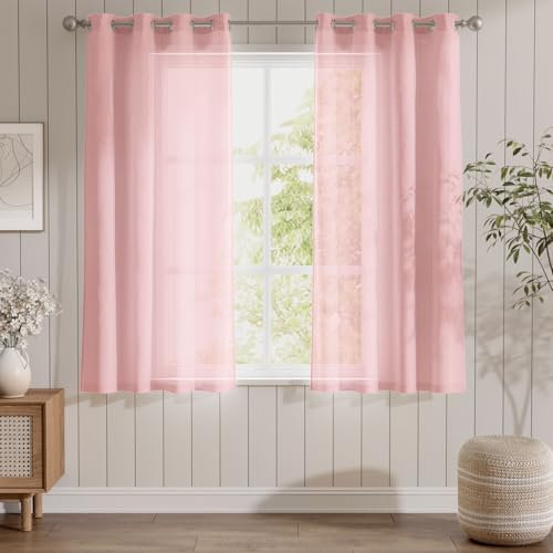 TOPICK Voile Vorhang Mit Ösen Kurz Sheer Vorhänge Transparent Gardine Gaze Paarig Ösenschals für Wohnzimmer Schlafzimmer Küche 145 cm x 140 cm(HxB) 2er - Set Rosa