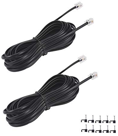 YIENFBEV 25FT Telephone Extension Cord Cable, Landline Phone Line Wire with RJ11 6P4C Plugs, Includes Cable Clips - Black - 2 Pack