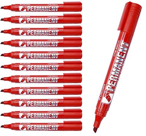 CROWN Permanent Markers Chisel Tip Markers - Pack Of 12 - Permanent Ink - Red - 2mm-5mm Line