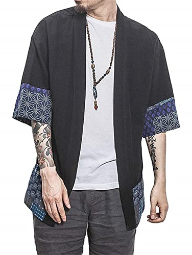 perdontoo Men's Cotton Kimono Jackets Loose Open Front Casual Cardigan (Black, XL)