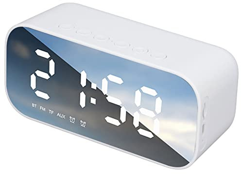 Digital Alarm Clock, Portable Large Display Bedside Clock with Dual Alarm, FM Alarm Clock Radio with Bluetooth Speaker, Adjustable Brightness, Real Time Temperature Detection, for Kid Senior(White)