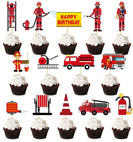 Bymivofun 28-teilige Feuerwehr Cupcake Topper, Feuerwehrmann Kuchen Dekoration, Feuerwehrauto Kuchen Dekoration, für Kinder, Jungen, Kindergeburtstag, Partydekoration