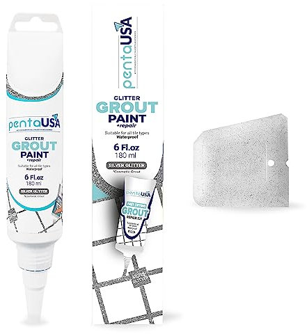 PentaUSA Grout - Glitter Grout for Tiles, Ready Mixed Grout, Gliterred Shiny Grouting Set with Grout Floater (180 ml) (SILVER)