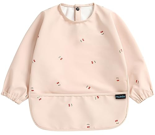 PewinGo Baby Bibs with Long Sleeve Bib & BLW, Coverall Bibs for Baby Feeding, PU Soft and Skin-Friendly Material, Machine Washable, Waterproof and Easy to Clean, Baby Infant Toddlers (Pink)