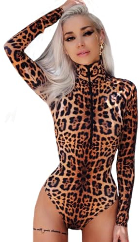 NBBNYJ Body Donna Manica Lunga Sexy Collo Alto Maniche Lunghe Basic Bodysuit Tops Pagliaccetto Elasticizzato Casuale Camicie Leotard Jumpsuits Tops Confortevole Morbido Chiusura a Zip Leopardo S