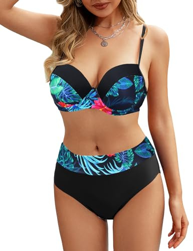 Rayson Bikini dam push up tryck hög midja vadderade badkläder dam 2 delar sexiga strandkläder baddräkt dam brasiliansk bikini, Grönt blad, L