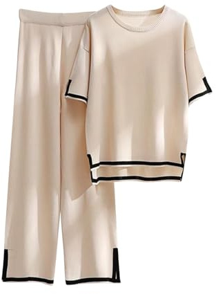 AIGOUT 2-delade set för kvinnor, loungeset med silkeskänsla, överdimensionerad, ledig, kortärmad, stickad pullover, toppar, byxor med breda ben, träningsoverall, myskläder, eleganta byxor