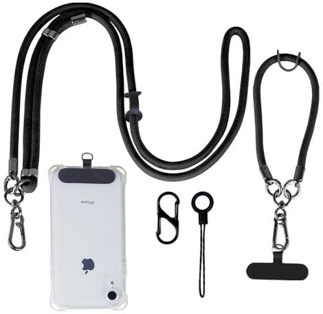 kedelux Phone Lanyard Crossbody, Adjustable 1x Cell Phone Neck Strap 1 x Wrist Strap, Anti Theft Universal Nylon Phone Chain for iPhone Samsung, Black