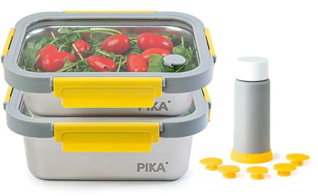 Pika | Lot de 2 boites alimentaires sous vide en inox + pompe de mise sous vide | 820ml + 1200ml | Micro-ondes, four, congélateur | Légère & hermétique