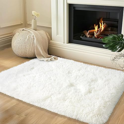 BSGIFT Alfombra de pelo largo, mullida, color crema, 60 x 110 cm, alfombra de pelo largo para salón, antideslizante, para dormitorio, habitación de los niños, moderna alfombra de salón, alfombra de