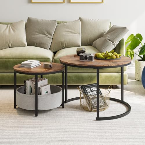 FOUBAM Couchtisch Rund, 2er Set Sofa Couchtisch Industrial Style, verschachtelte Beistelltische aus Metall und Holz, Vintage Sofa Tisches, Metall Satztisch Aufbewahrungstasche aus Stoff Braun