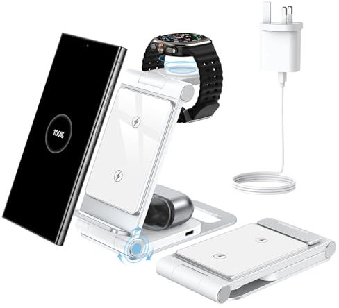 3 in 1 Wireless Charger for Samsung Charging Station Foldable for Samsung Galaxy S25 Ultra Plus FE S24 S23 S22 S21 Z Flip Z Fold 7 6 5 4 for Galaxy Watch 8/Ultra/7/6 Classic/5/Pro/4 for Galaxy Buds