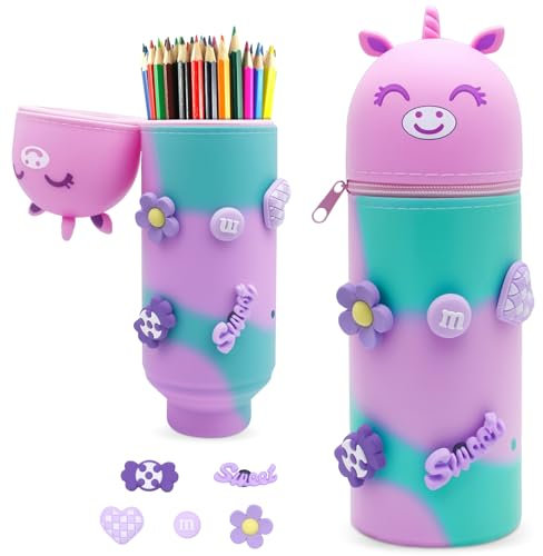 EOPUOZS Estuche Escolar Kawaii 2 en 1 de Silicona Blanda, Portabolígrafos de Mesa con Cremallera, Estuche de Silicona Extensible, Regalos para Niñas (Unicornio Morado)