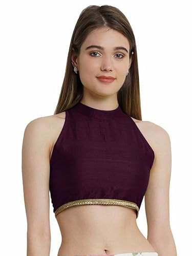 Fashnkart Customize Indian Women's Silk Stitched Sleeveless Blouse Crop Top Dupion Readymade Ethnic Tunic Choli Halter Neck Wine 34