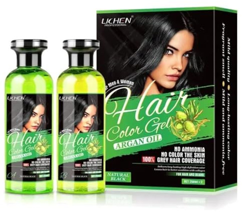 LICHEN PROFESSIONAL HAIR COLOR GEL 258ml x2 Permanent Hair Dye, Natural-looking, hair colour result, For All Hair Types (Black)