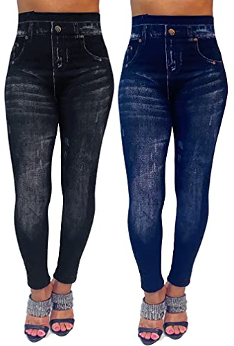 CLOYA Women's Denim Print Fake Jeans Seamless Full Length Leggings (Small/Medium, Blue/Black Bundle)
