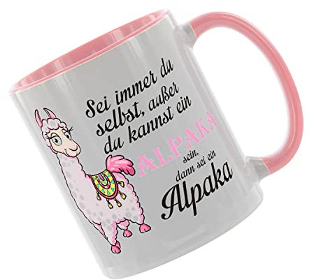 Crealuxe Kaffeetasse 'Sei immer du selbst ausser du kannst ein Alpaka sein dann sei ein Alpaka' bedruckt, Spruchtasse, hochwertige Keramiktasse (Rosa)
