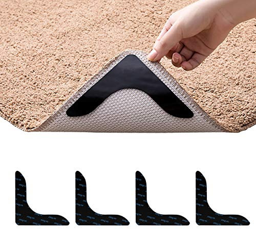 Rug Grippers,Never Curl Rug Grippers Non Slip Reusable Carpet Stickers for Area Rugs, Hardwood Floors, Tile Floors, Floor Mats, Keep Your Rug in Place and Makes Corners Flat for Corners (Black, 4Pcs)