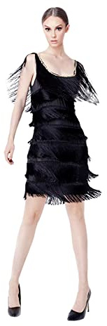 Vestido de Fiesta para Mujer de 20s con Flecos, Vestido de Baile sin Mangos para Noche (ZP101-Negro, S/M)