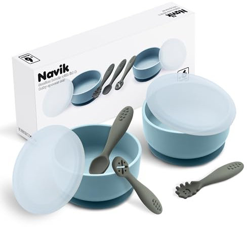 Navik | Set bol ventouse pour bébé avec couvercle en silicone et cuillere bebe apprentissage | bol bebe et cuillère bébé | set repas | bleu et vert