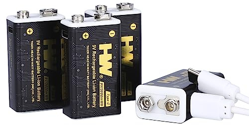 HW 9V Battery for Smoke Detector, 9V Rechargeable Lithium Batteires, 4 Pack USB Type-c 9 Volt Rechargeable Batteries, 1.5 H Fast Charge 1000 Cycles with Long Last for Smoke Detectors and Microphone