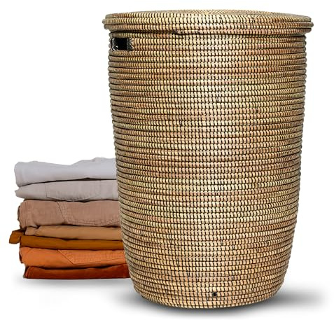 YAADU Cesto para la colada con tapa de 80 l – Cesto para la colada grande con tapa, cesta trenzada, cesta para la colada boho con asas, contenedor para la ropa sucia, modelo Dangote (negro plano)