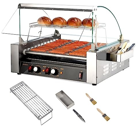 ROVSUN Hot Dog Roller, 30 Hot Dog 11 Rollers ETL Certified, Hot Dog Machine Sausage Grill Cooker with Dual Temp Control, Glass Cover, LED, Side Storage Box, Shelf & Drip Tray for Home Commercial 1650W