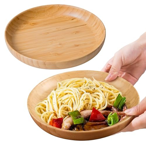 cluzelar 7.5in Round Wooden Plates for Food Bamboo Plates Reusable Dinner Plates Tableware 2PCS Wood Plates Lightweight for Dishes Snack, Dessert Unbreakable Classic Plate