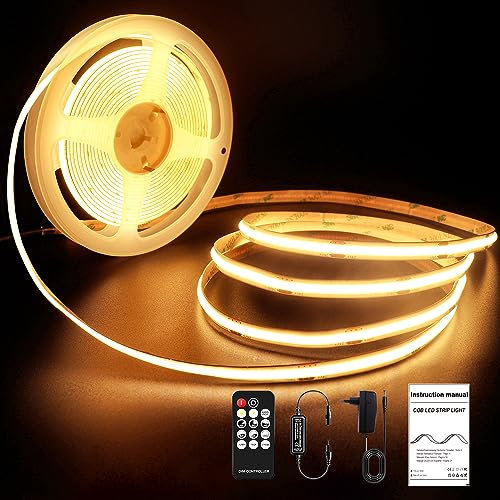 ROUKLE Striscia LED COB 8mm - 5M, 24V, Super Luminosa e Dimmerabile, CRI90+ con Controllo RF | 2400 LEDs | Bianco Caldo 2700K | Facile Installazione per Casa Decorazione Fai-da-te