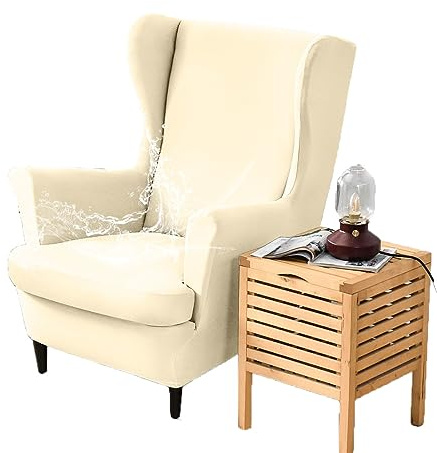 Fansu Funda de Sillón de Orejero Elástica, Impermeable Color sólido Relax Funda de Sofá con Funda de Cojín 2-Piezas, Fundas Protector de Butaca para Strandmon, Dormitorio Recepción (marrón Claro)