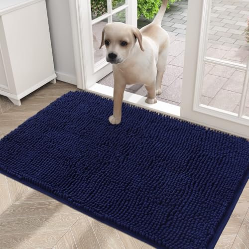 smiry Muddy Mat, Super Absorbent Chenille Dog Door Mat, Washable Non Slip Door Matts Indoor, Soft Microfiber Pet Rug and Bath Mat for Entrance Kitchen Muddy Shoes & Paws - Navy Blue, 43 x 76 cm