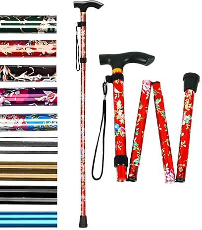 HATAF Bastón Plegable Hombres y Mujeres, Ajustable, Ligero y portátil, Ayuda a la Movilidad con Puntas de Goma (Flores Rojas)
