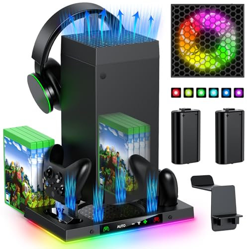 Auto Cooling Fan and Charge Stand Accessories for Xbox Series X Console with 15 Light Modes, Wireless Dual Charger Dock for XSX Controller, 2 Rechargeable Batteries, Headset Stand & Game Disc Storage
