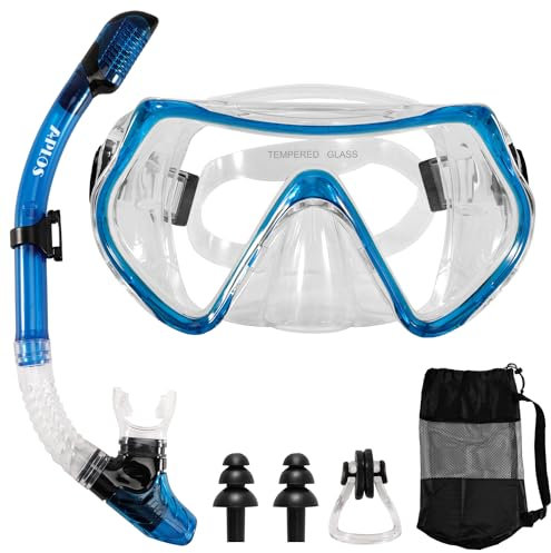 APLOS Schnorchelset Erwachsene, Anti-Leck Anti-Fog Tauchmaske aus Gehärtetem, Schnorcheln Set mit Taucherbrille und Dry Schnorchel Einheitsgröße, Erwachsene Unisex-Blau
