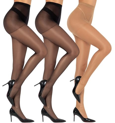 MANZI 3 Pairs Women's Ultra Sheer Silky High Waist Tights Control Top Transparent Glossy Pantyhose with Reinforced Toes Black Natural Large