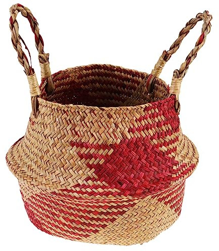 CIYODO Cesta De Almacenamiento Plegable De Lino Rojo Tamaño s para Plantas y Flores, Cesta Tejida De Paja Natural Diseño Compacto Adecuado para Decoración y Organización Hogar