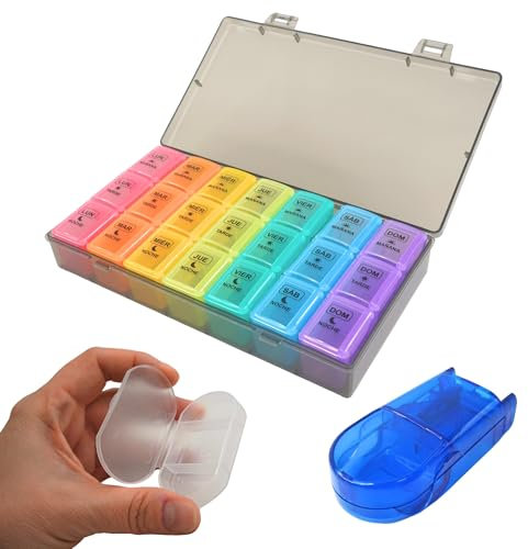 PEPPER® Pastillero Semanal 3 Tomas Español + Corta Pastillas | Organizador de Medicamentos Grande y Diario | Pastilleros Semanales para Viaje, Personas Mayores, Letras Resistentes